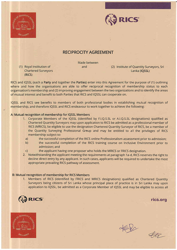 UK RICS IQSSL Reciprocity